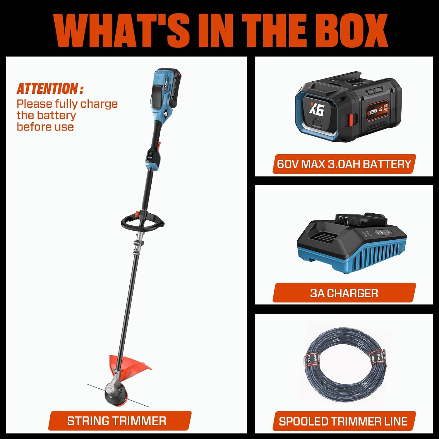 SENIX 16-Inch String Trimmer, 60V Cordless Weed Wacker, Variable Speed, 3.0Ah Battery and Charger Included
