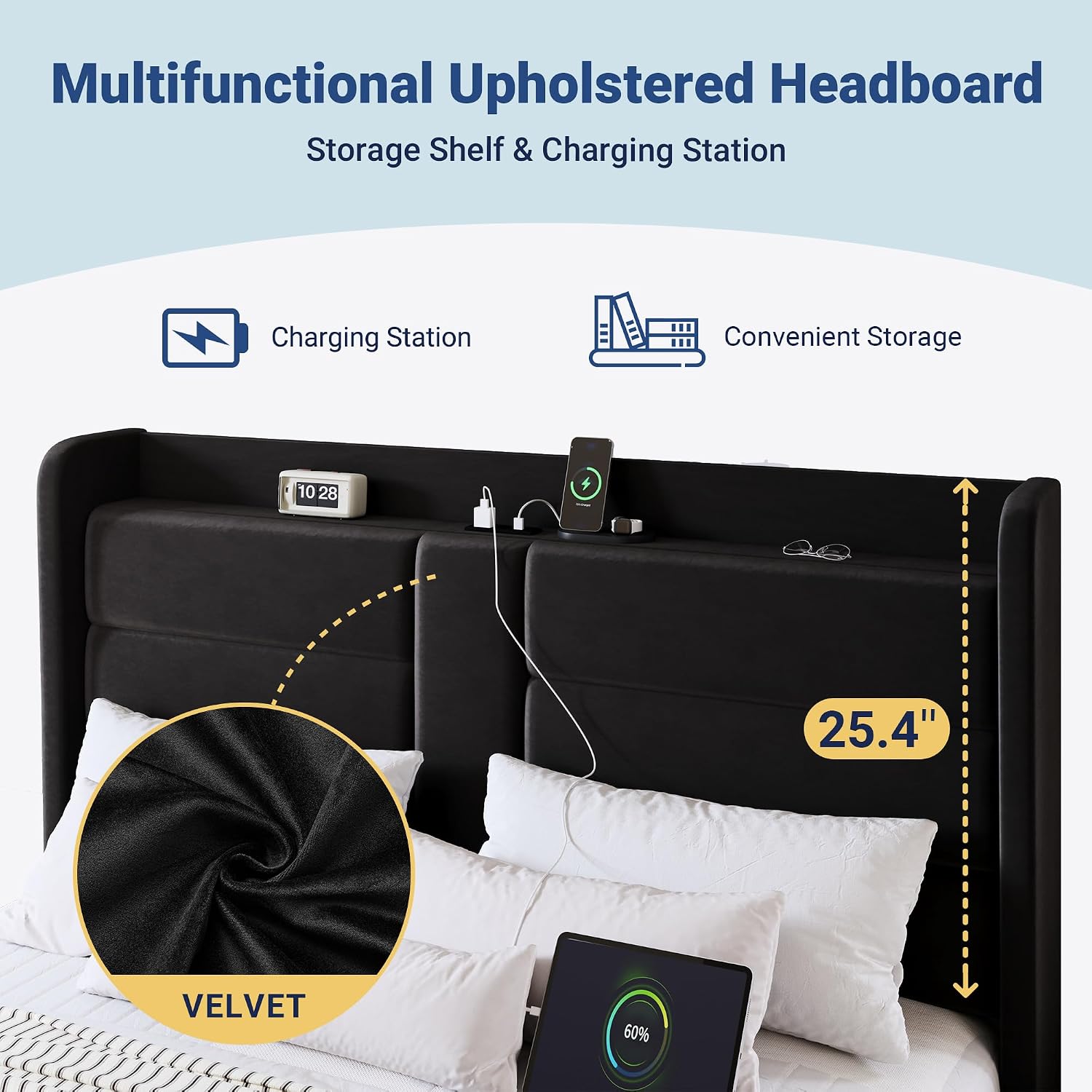 Allewie Queen Size Platform Bed Frame with Charging Station & Storage Headboard, Upholstered Velvet Wingback Design & USB Port, Strong Wooden Slats Support, No Box Spring Needed, Easy Assembly, Black