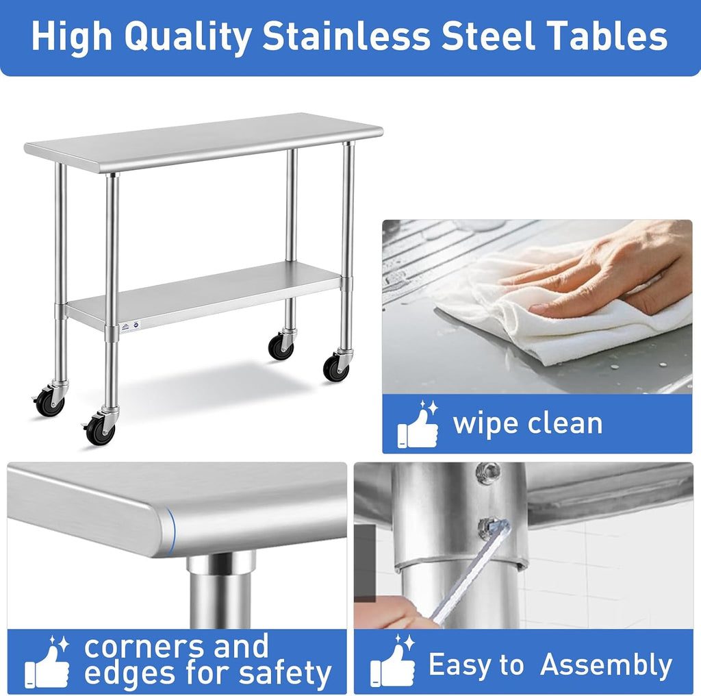 ROCKPOINT Stainless Steel Table for Prep & Work with Caster Wheels 18x48 Inches, NSF Metal Commercial Kitchen Heavy Duty Table with Adjustable Under Shelf and Table Foot for Restaurant, Home and Hotel
