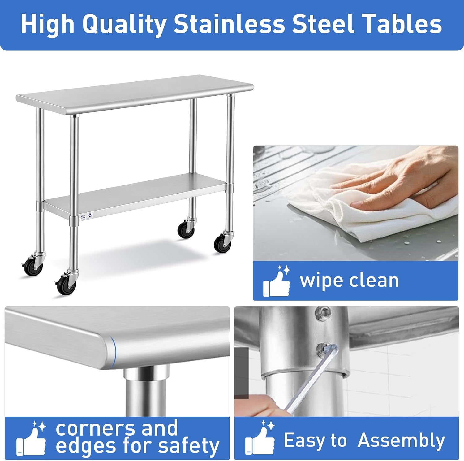 ROCKPOINT Stainless Steel Table for Prep & Work with Caster Wheels 18x48 Inches, NSF Metal Commercial Kitchen Heavy Duty Table with Adjustable Under Shelf and Table Foot for Restaurant, Home and Hotel