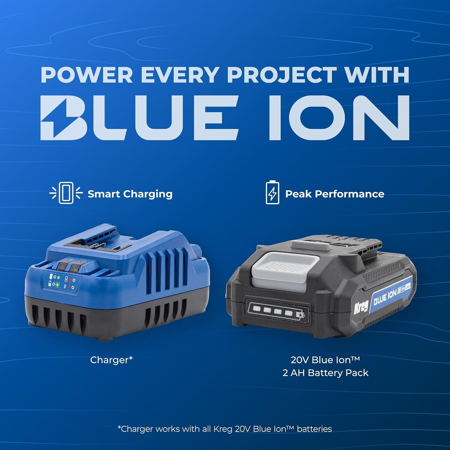 Kreg 20V Ionic Drive 1/2' Compact Drill, 20V Blue Ion Charger & 2Ah Battery Pack - Professional Cordless Drill with Compact Design - For Woodworking & Everyday DIY Applications - KPTBDR050A