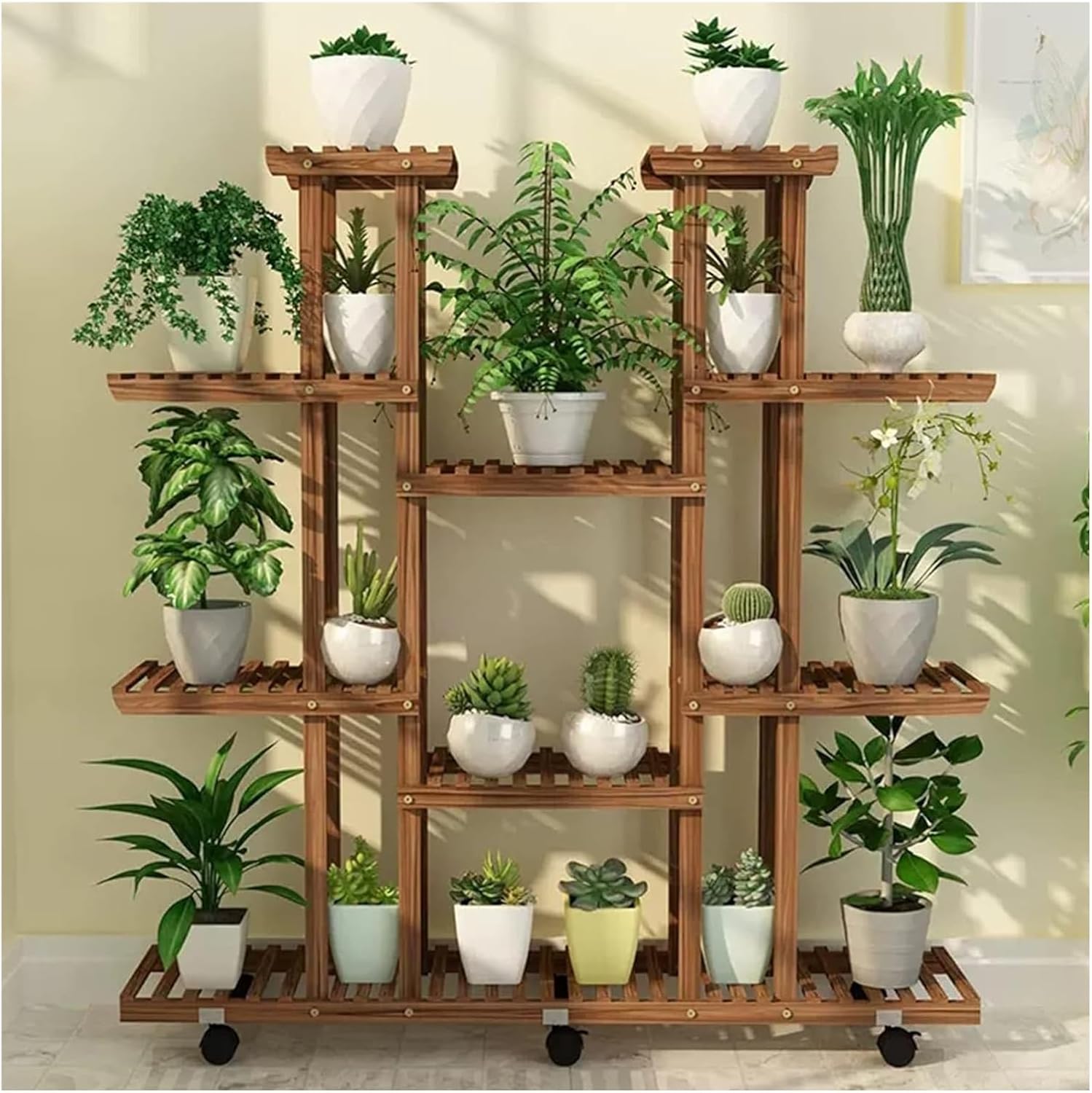 Potting Bench Table,Garden Potting Table, Plant Shelves Outdoor Wooden Garden Shelf with Universal Wheel for Patio Storage and Organizing Garden Items and Plant Accessories
