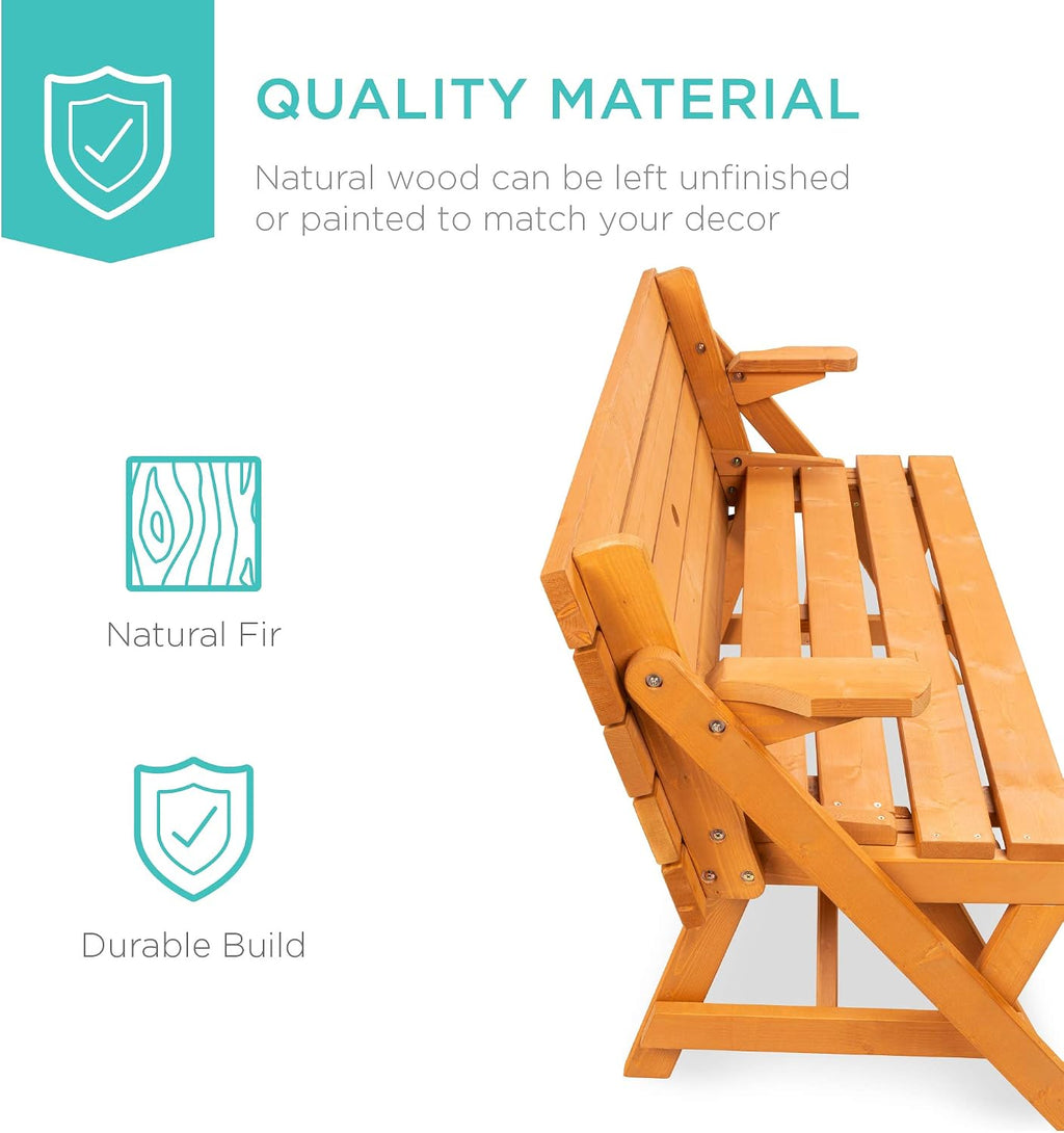 Best Choice Products 2-in-1 Transforming Interchangeable Outdoor Wooden Picnic Table Garden Bench for Backyard, Porch, Patio, Deck w/Umbrella Hole - Natural