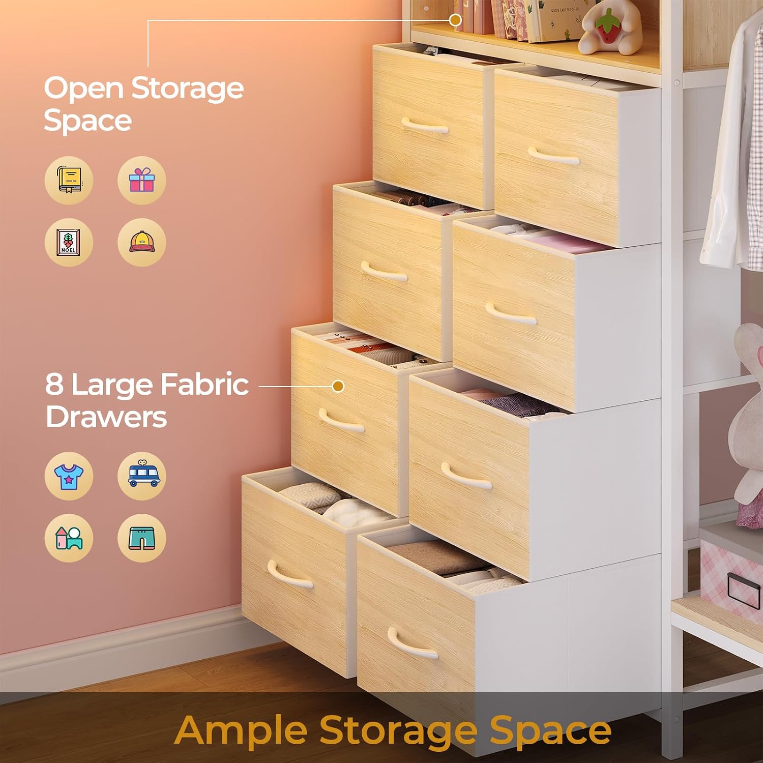 ADORNEVE Full Over Twin Bunk Bed with 8 Storage Drawers, Metal Loft Bed with Led Lights & Storage Shelves, Bunk Beds Twin over Full Size with 13.4' H Safety Guardrail & Ladder, for Kids & Teens, White