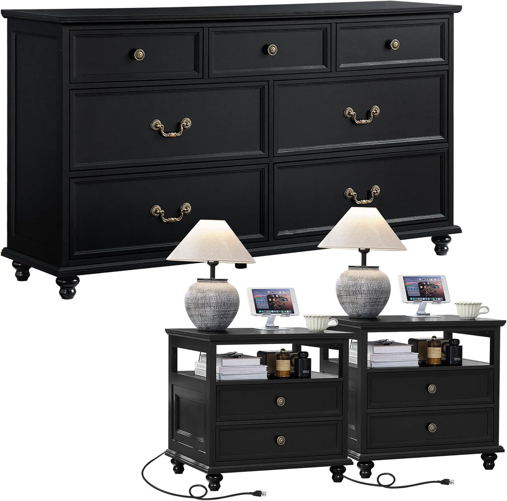 Joaxswe Farmhouse Furniture Set, Nightstands Set of 2 and 7 Drawers Dresser for Bedroom, 54 Inch Wide Wood Dresser and 24' Night Stands with Charging Station for Bedroom, Living Room, Hallway
