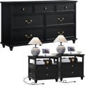 Joaxswe Farmhouse Furniture Set, Nightstands Set of 2 and 7 Drawers Dresser for Bedroom, 54 Inch Wide Wood Dresser and 24' Night Stands with Charging Station for Bedroom, Living Room, Hallway