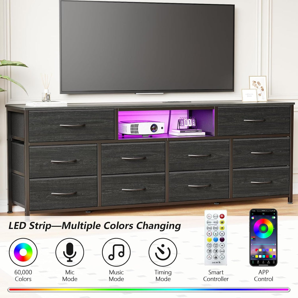 Furnulem 63' Long Dresser for Bedroom, TV Stand for 65 to 75 inch TV, Black Dresser with 10 Fabric Drawers, Chest of Drawer for Closet, Entertainment Center with Power Outlet & LED Light