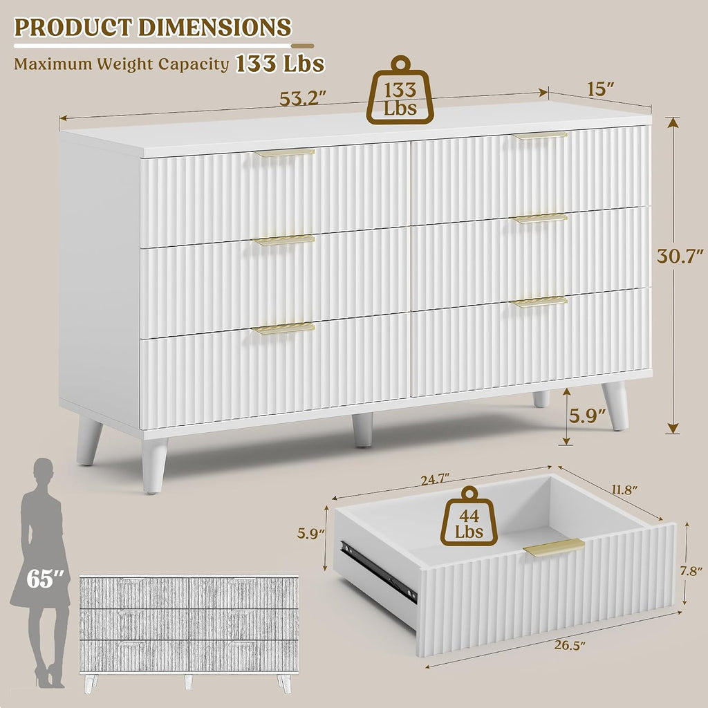 Lulive White Dresser for Bedroom Wood Dressers Chest of Drawers, Fluted 53.2' Wide Modern Long Dresser TV Stand 6 Drawers for Bedroom, Closet, Living Room, Hallway (White)