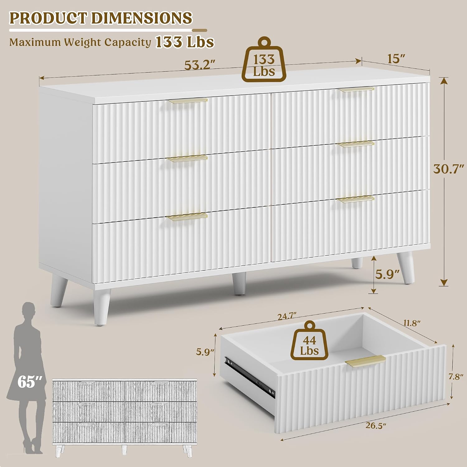 Lulive White Dresser for Bedroom Wood Dressers Chest of Drawers, Fluted 53.2' Wide Modern Long Dresser TV Stand 6 Drawers for Bedroom, Closet, Living Room, Hallway (White)