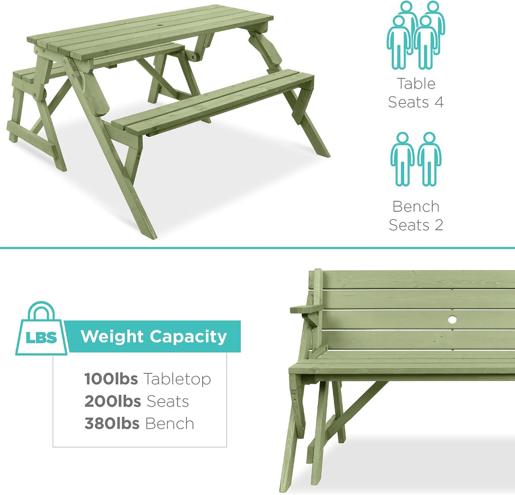 Best Choice Products 2-in-1 Transforming Interchangeable Outdoor Wooden Picnic Table Garden Bench for Backyard, Porch, Patio, Deck w/Umbrella Hole - Sage Green