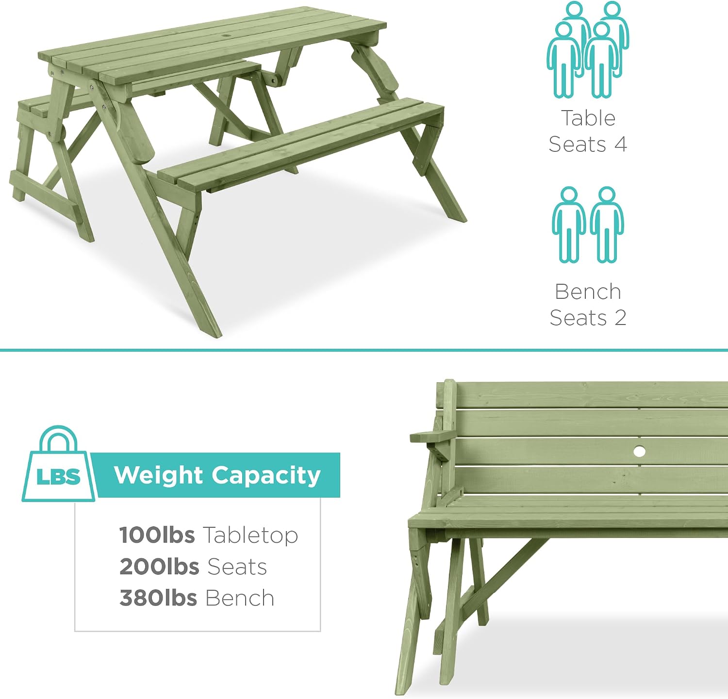 Best Choice Products 2-in-1 Transforming Interchangeable Outdoor Wooden Picnic Table Garden Bench for Backyard, Porch, Patio, Deck w/Umbrella Hole - Sage Green