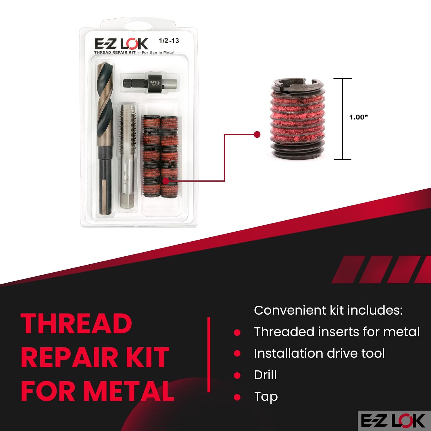 E-Z LOK Thread Repair Kit for Metal - Includes Threaded Inserts, Drill, Tap and Drive Tool, Standard Wall, 1/2-13 x 3/4-10 x 1.00 Length (EZ-329-801)