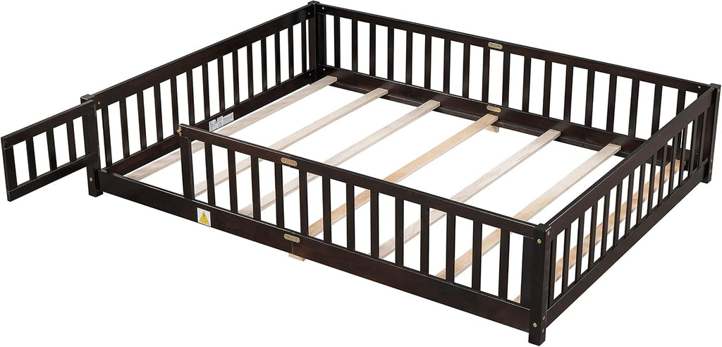 Queen Size Floor Bed with Door and Fence for Kids, Montessori Floor Bed with Slats and Safety Guardrails,Solid Wood Queen Bed Frame for Girls Boys(Queen,Espresso)