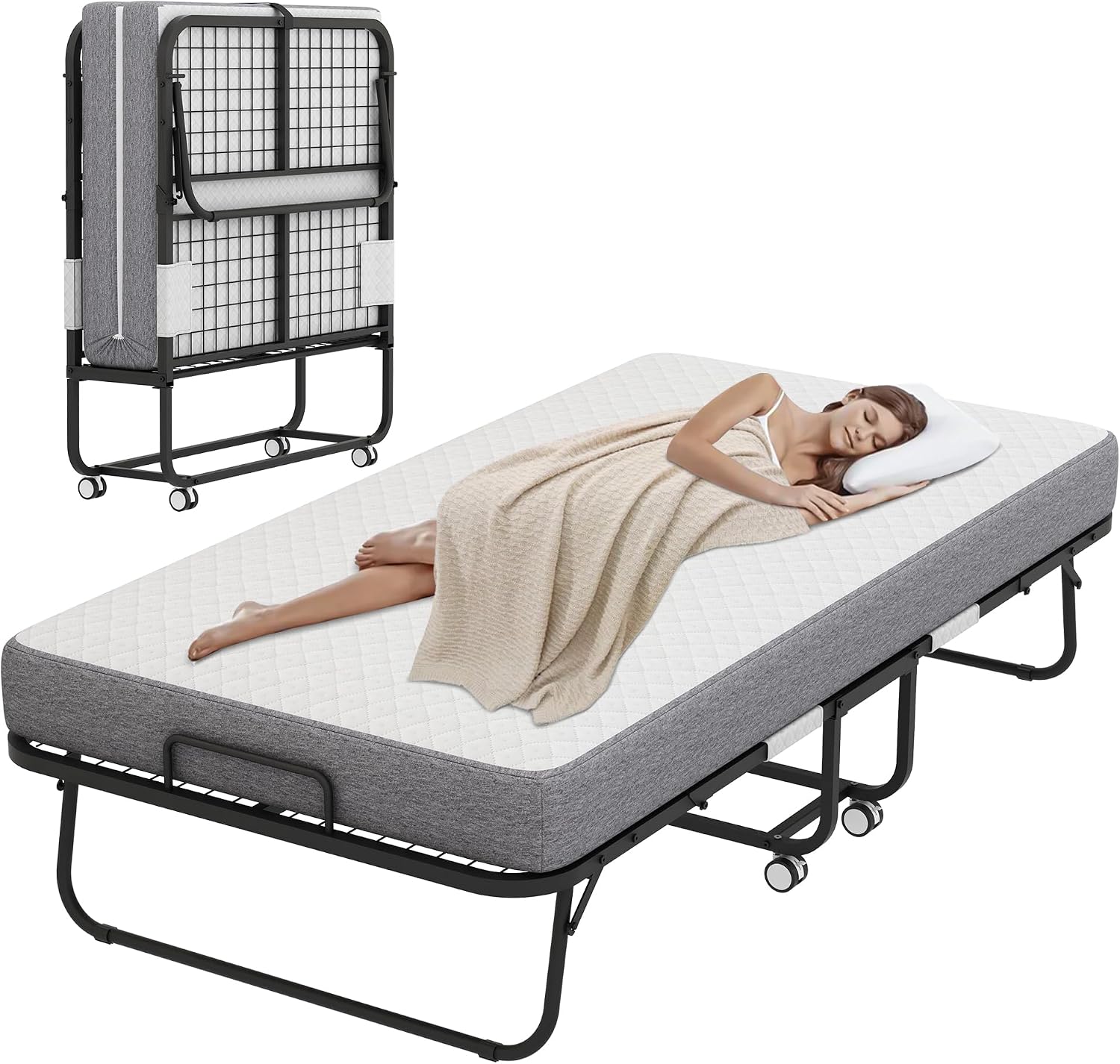 Espsilto Cot Size Folding Bed with Mattress for Adult - 75''x31'' Portable Foldable Rollaway Bed for Guest, Space Saving and Easy Storage
