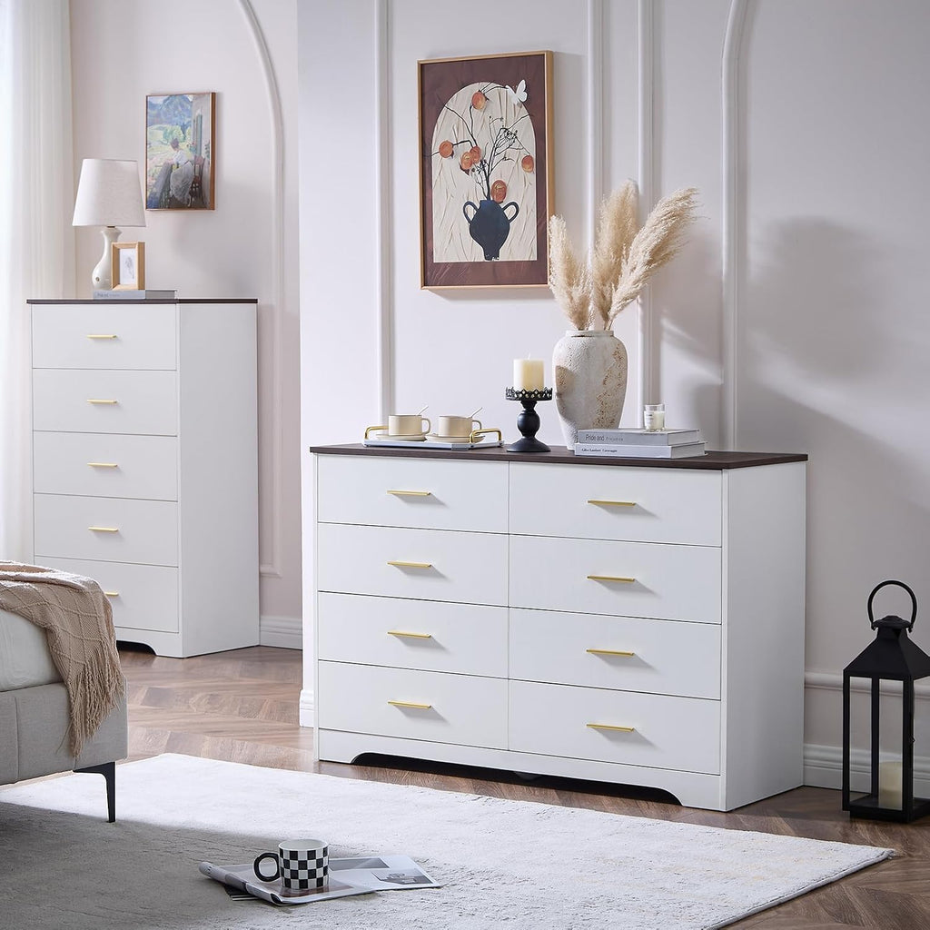 LIDYUK White Dresser for Bedroom, 8 Drawer Dressers & Chests of Drawers, Modern Wood Dresser, 48 Inches Wide Chest of Drawers for Bedroom, Hallway, Living Room