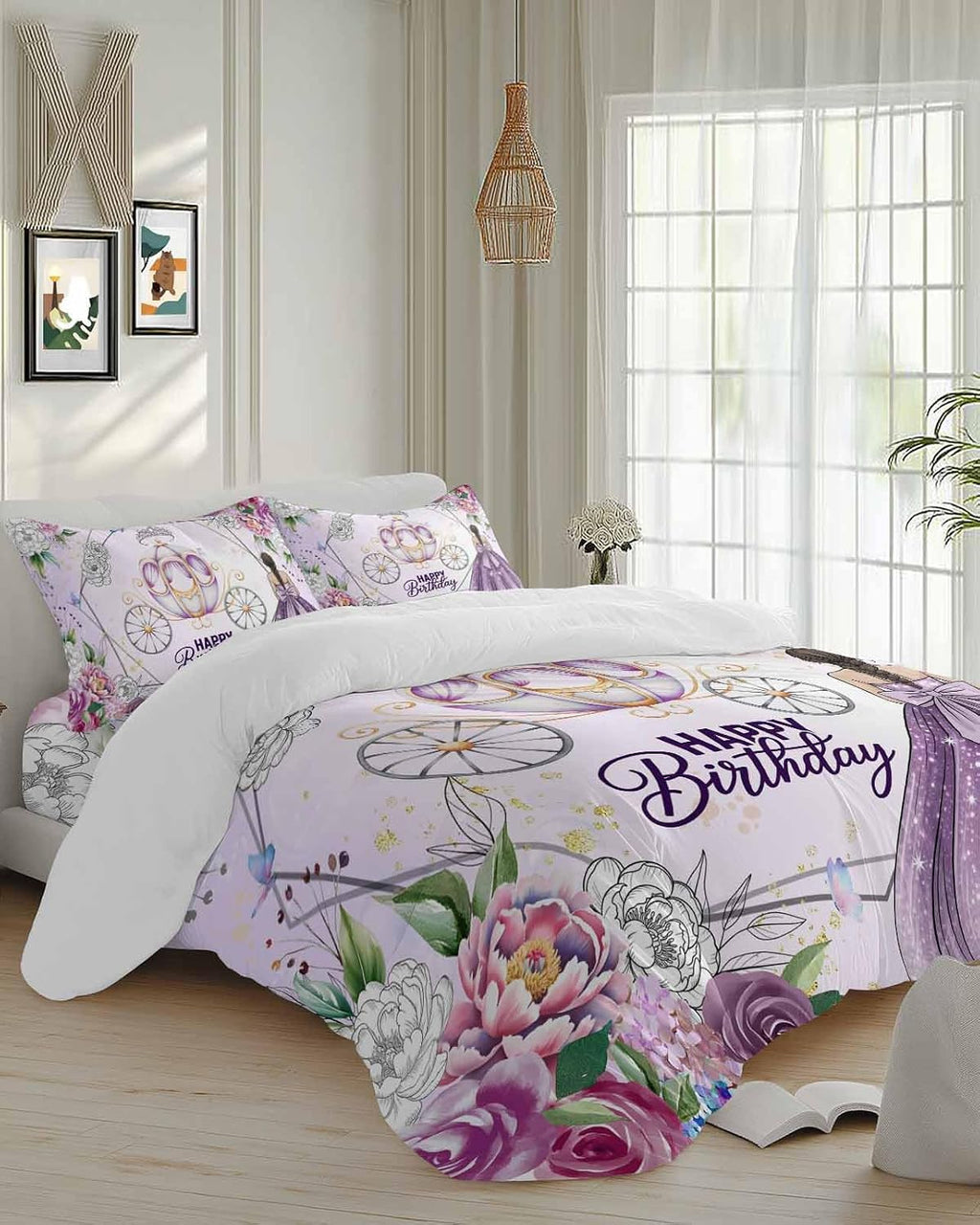 Happy Birthday Duvet Cover Full Size - 4 Pieces Bedding Set, Purple Luxury Dress Crown Carriage Flowers Bedding Comforter Covers Zipper Closure, 1 Duvet Covers 1 Fitted Sheet 2 Pillow Shams