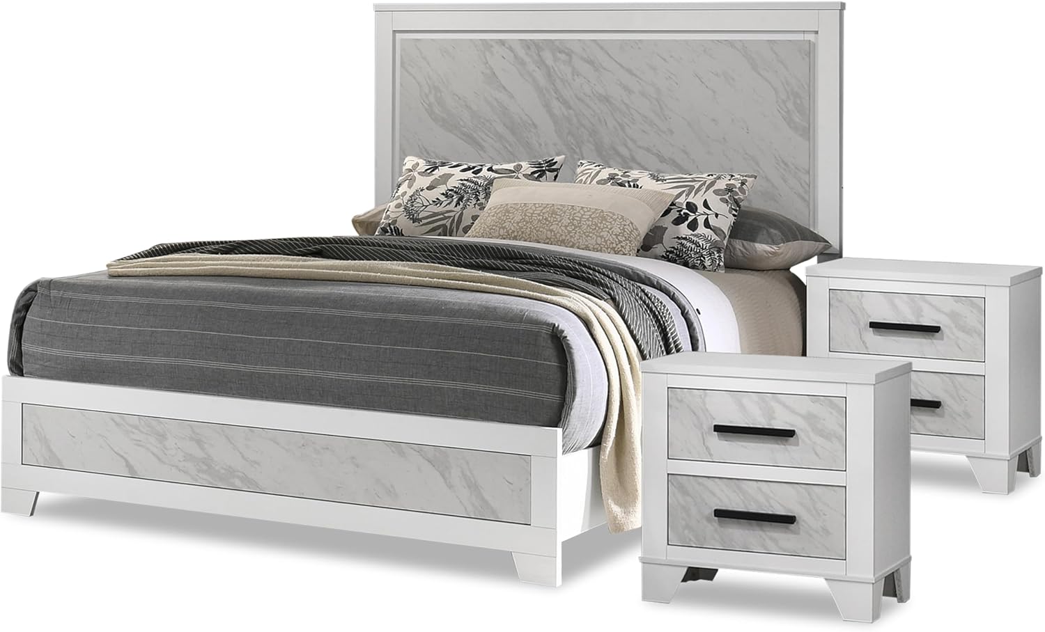 Furniture of America Anton Modern Solid Wood 3-Piece Bedroom Set with Faux Marble Headboard Bed, Metal Center Glide on Nightstands, Box Spring Needed for Bedroom, Guest Room, King, White