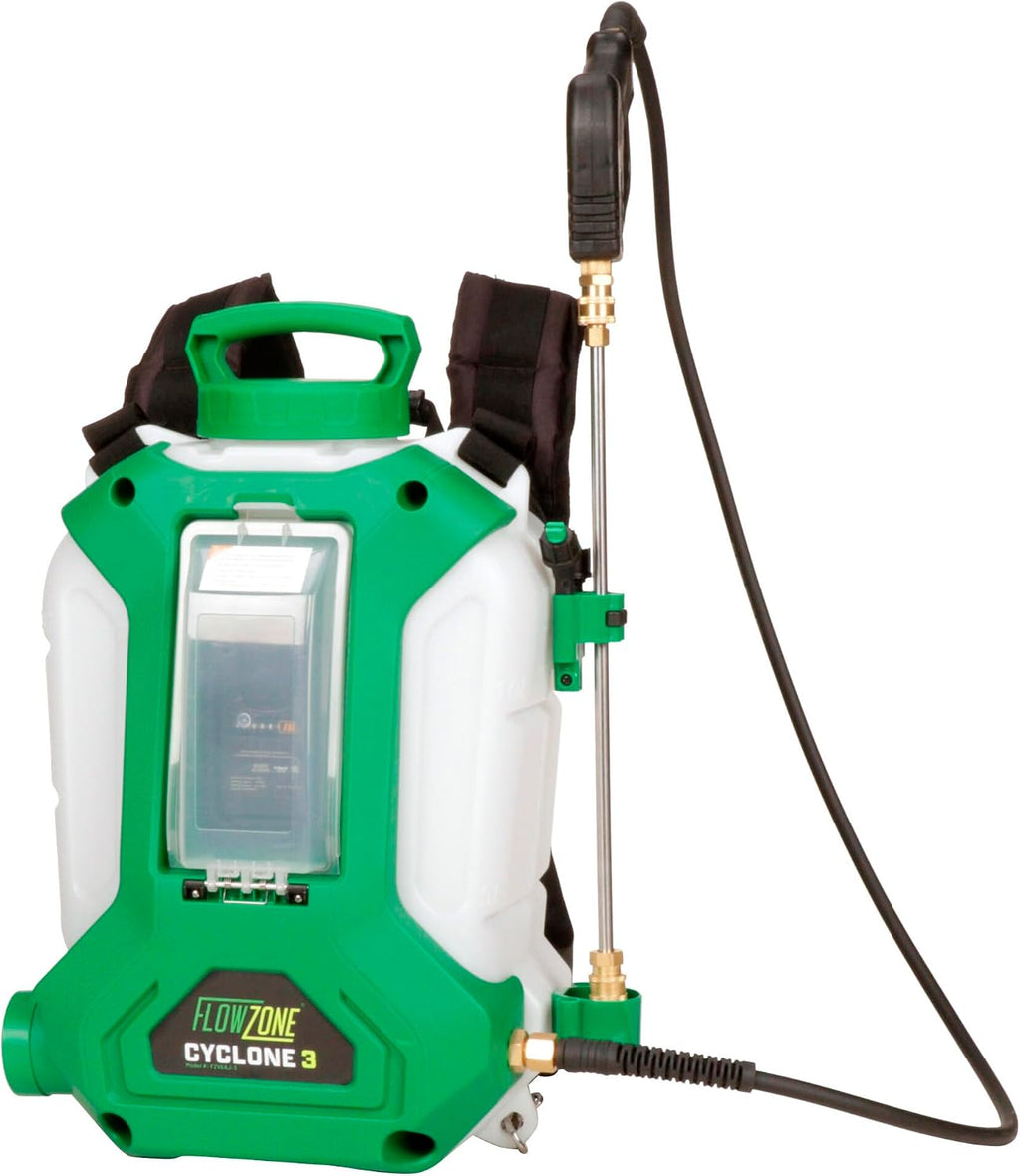 FlowZone Cyclone 3 Battery Backpack Sprayer, 5-Pressure, Battery Included | 4-Gallon tank. Variable 8-60 PSI. 2 hrs of continuous spraying for weed killer, fertilizer, pest control, cleaners, & more.
