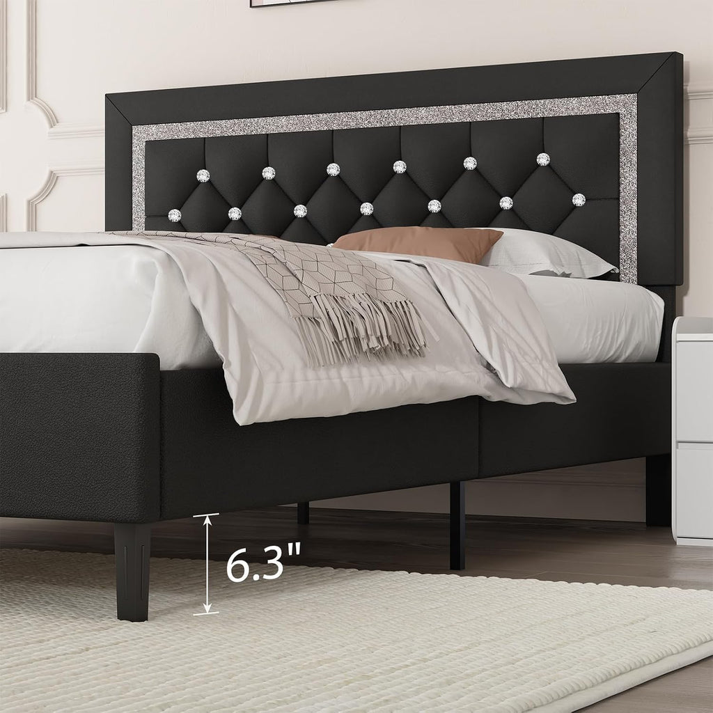 BarnFurin Queen Bed Frame with Tufted Button Headboard, Upholstered Platform Bed Frame with Diamond Design, Wood Slat Support, No Box Spring Needed, Easy Assembly, Black