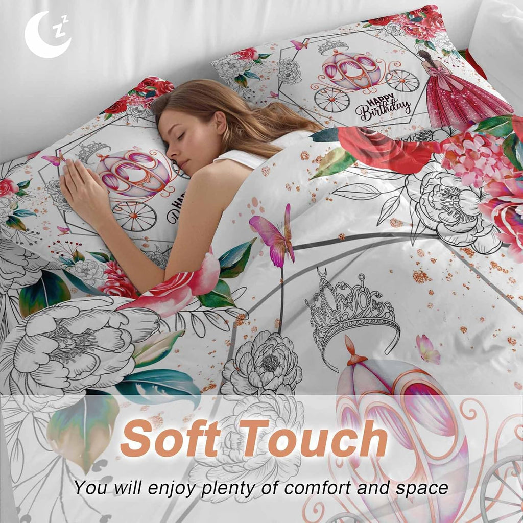 Happy Birthday Duvet Cover Set, Red Dress Crown Carriage Flowers Butterfly Soft Duvet Cover Full Size Bedding Set 4 Pieces, 1 Quiltcover and 2 Pillowcases with Zipper, 1 Bed Sheet for All Seasons
