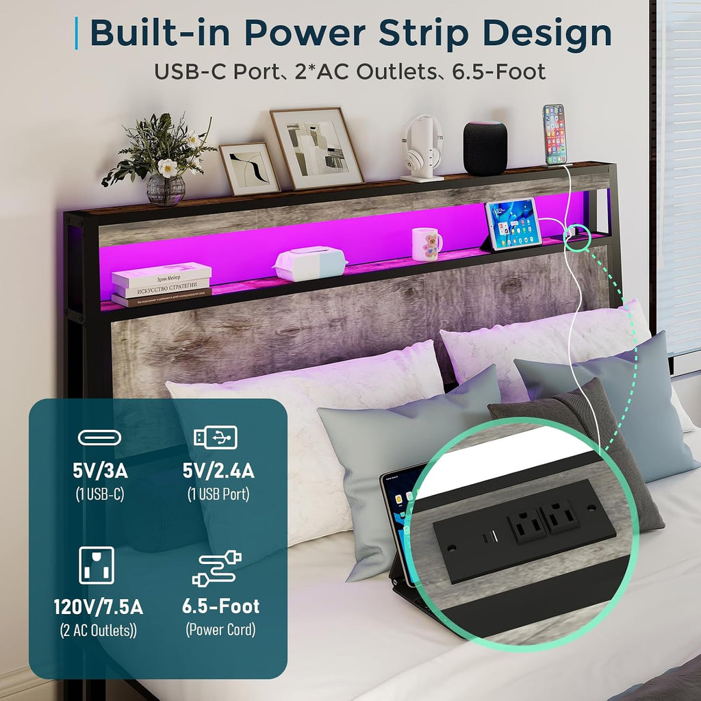 SADENICEL Queen Bed Frame with Storage Headboard, Metal Platform Queen Size Bed Frame Wood with 4 Drawers, LED Light, Charging Station, No Box Spring Needed, Noise Free, Easy Assembly, Grey