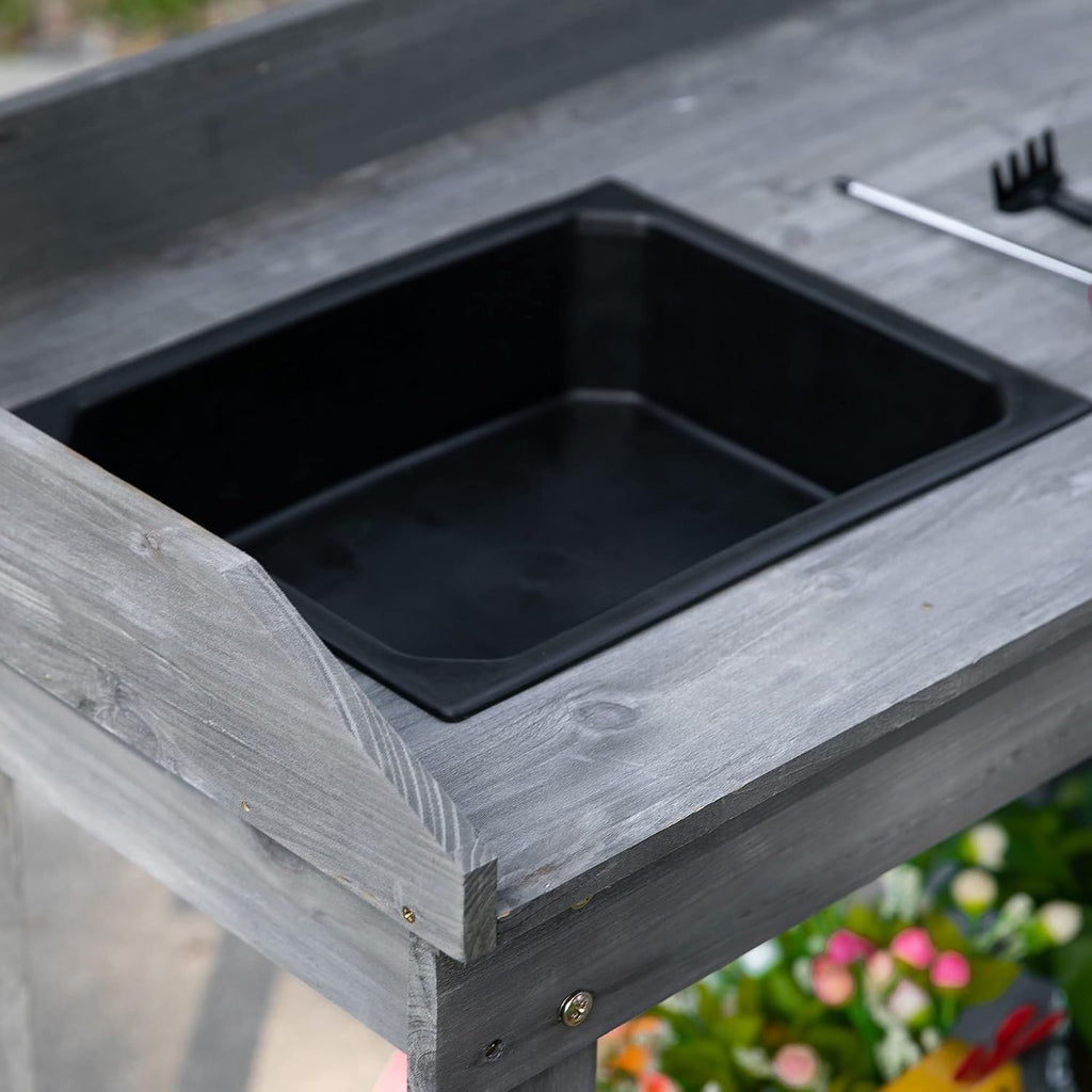 36'' Wooden Potting Bench Work Table with 2 Removable Wheels, Sink, Drawer & Large Storage Spaces, Gray
