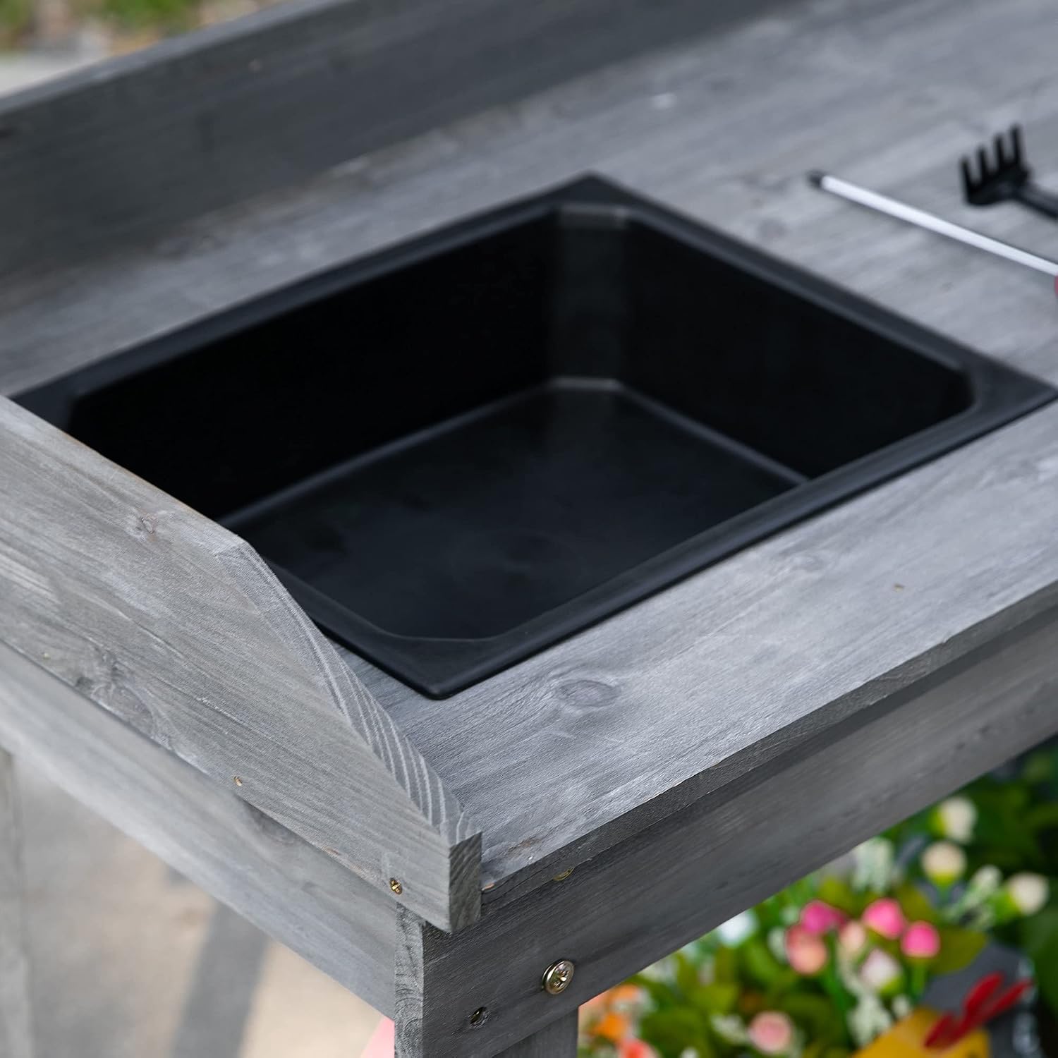 Heavy-Duty Wooden Potting Bench with Removable Wheels, Deep Plastic Sink, Drawer & Multi-Tier Shelving – Perfect Outdoor Garden Work Table for Planting & Storage