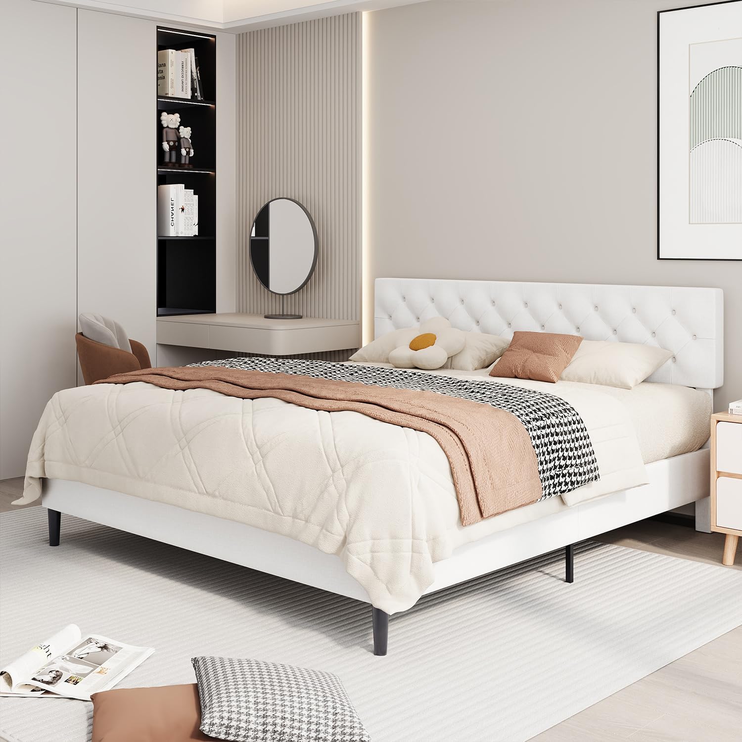 BarnFurin King Size Platform Bed Frame, Fabric Upholstered Bed with Button Tufted Headboard, Adjustable Headboard Design, Easy Assembly, No Box Spring Required, White