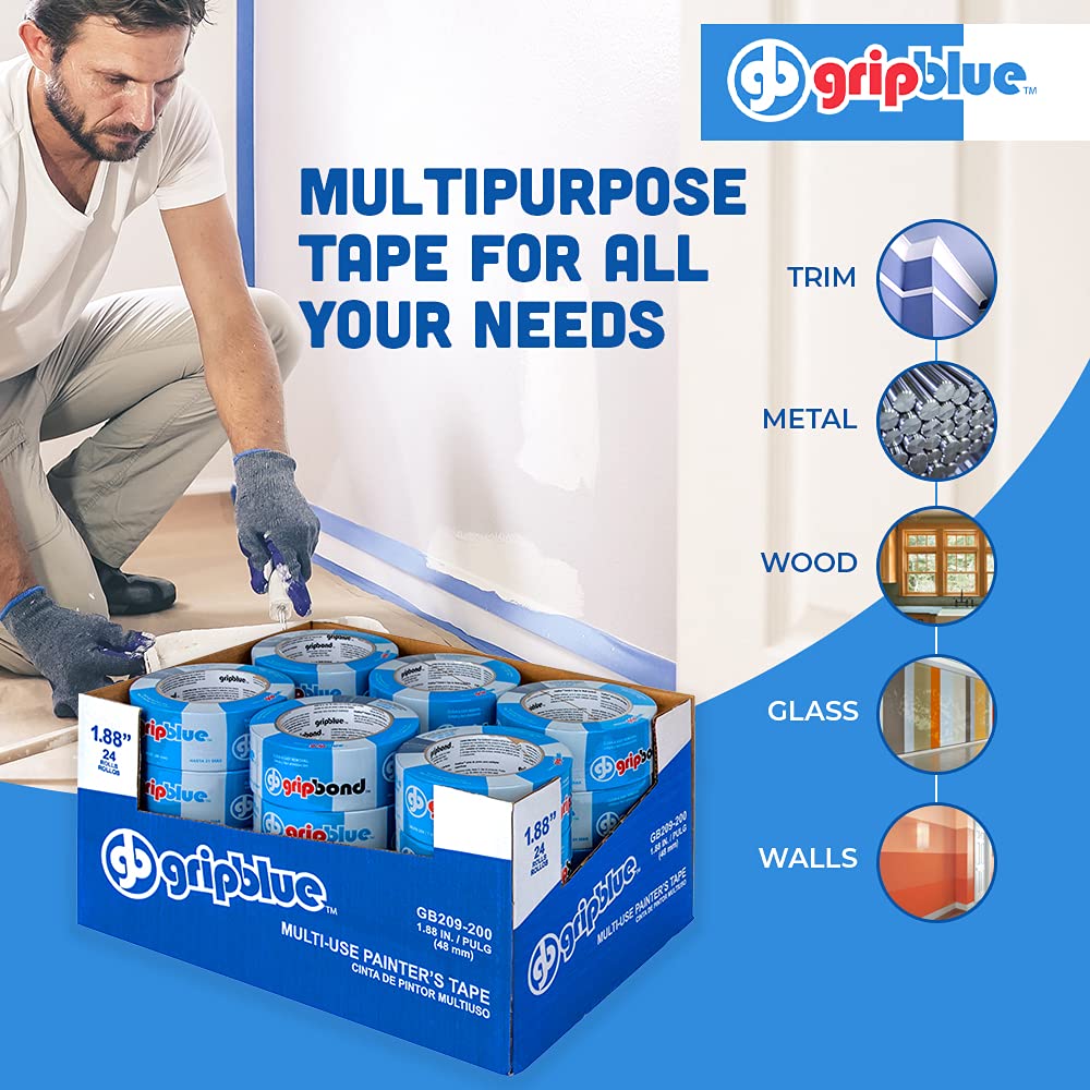 Blue Painters Tape 2 Inch Wide, Bulk - 24 Rolls Masking Tape, 'Professional-Grade' - Yields Exact Lines on Walls & Trim, Multi-Surface, Residue-Free, Easy Removal –Indoor & Outdoor Use, 1.88in x 60yds