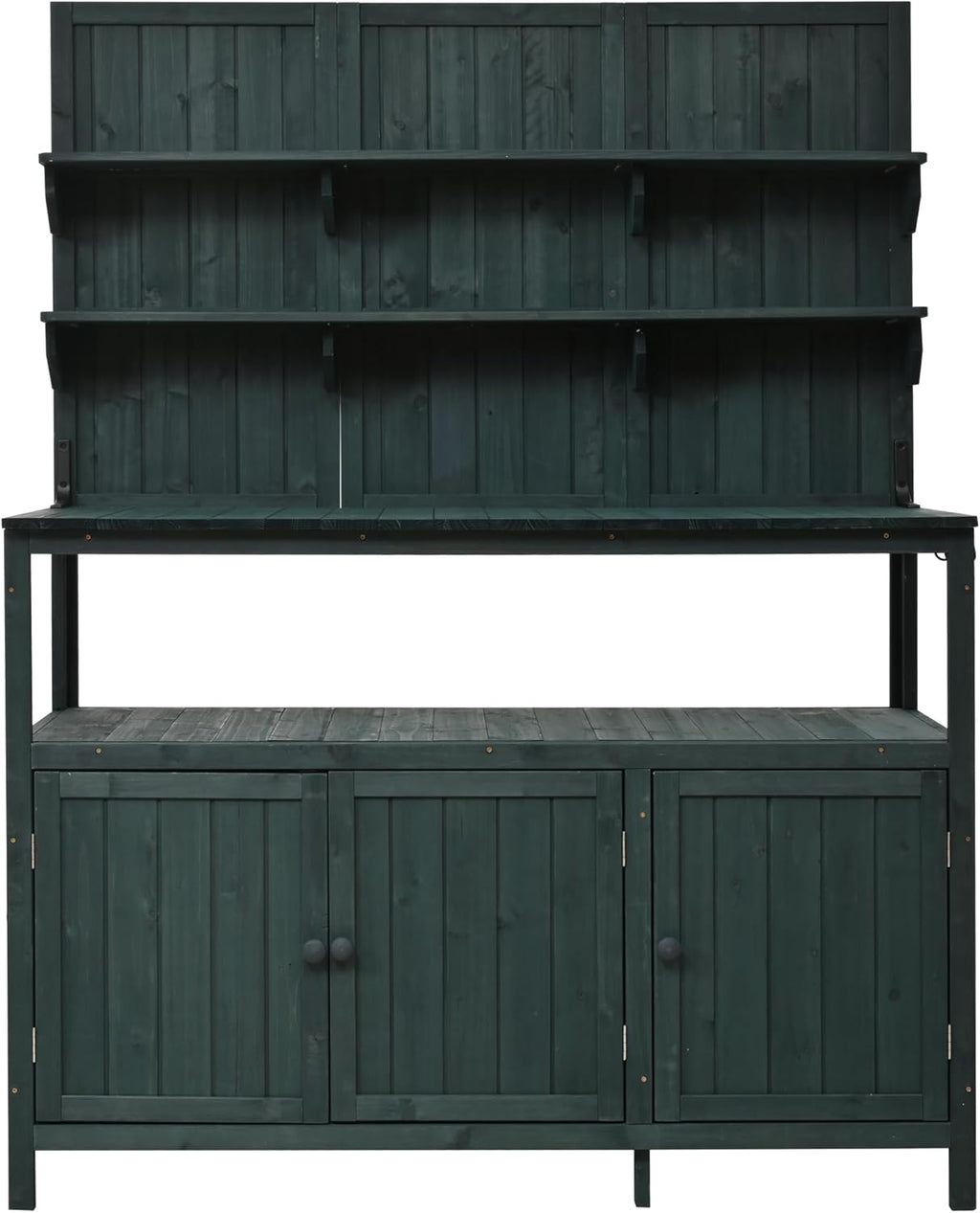 LUMISOL Potting Bench with Hutch, 50.2' Solid Fir Wood Garden Workstation, Large Countertop. 2 Shelves, 2 Cabinets, 3 Side Hooks, Outdoor Planting Table for Gardening, Green