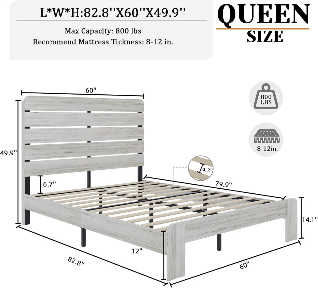 Queen Size Wooden Bed Frame with Headboard, Boho Platform Bedframe with Wood Slat Support, Sturdy and No Noise, Easy Assembly (Boho White, Queen)