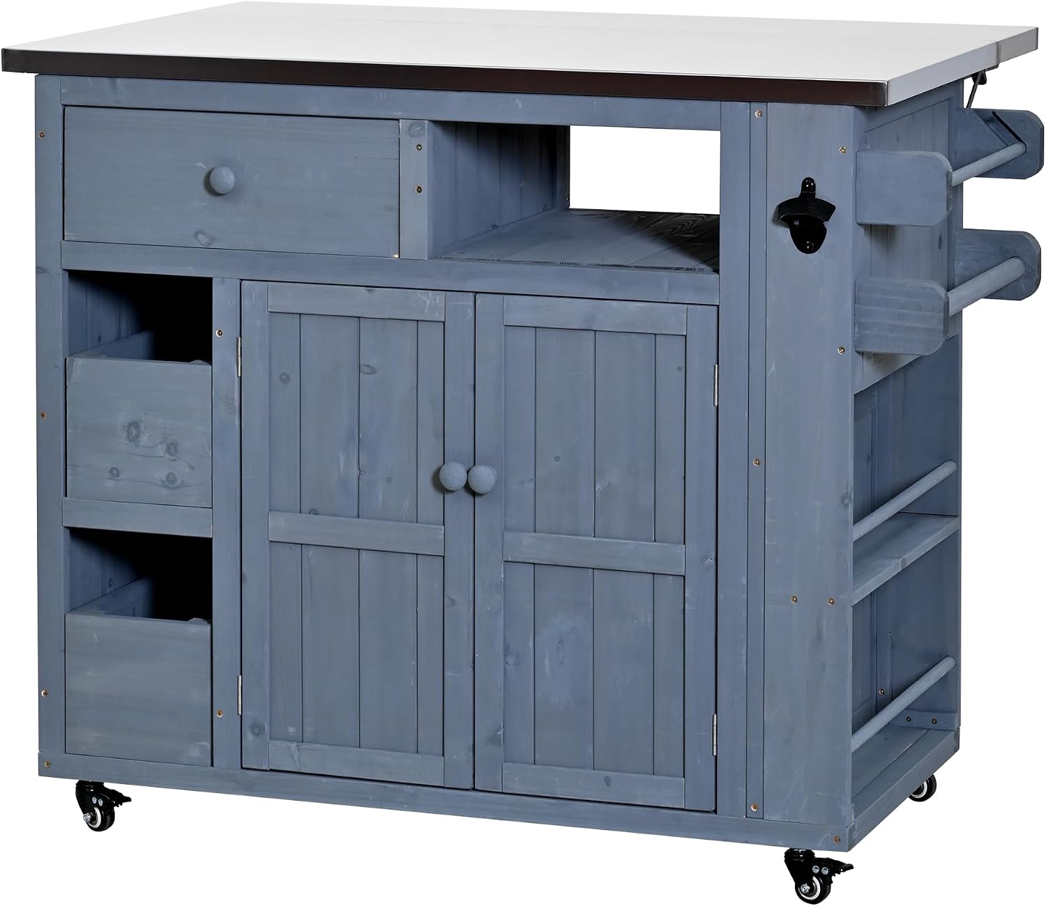 Outdoor Solid Wood Extendable 19.3''/28'' Kitchen Island,Stainless Steel Top Grill Table with Side Spice Rack,Drawers,for Backyard, BBQ,Party (Gray-D)