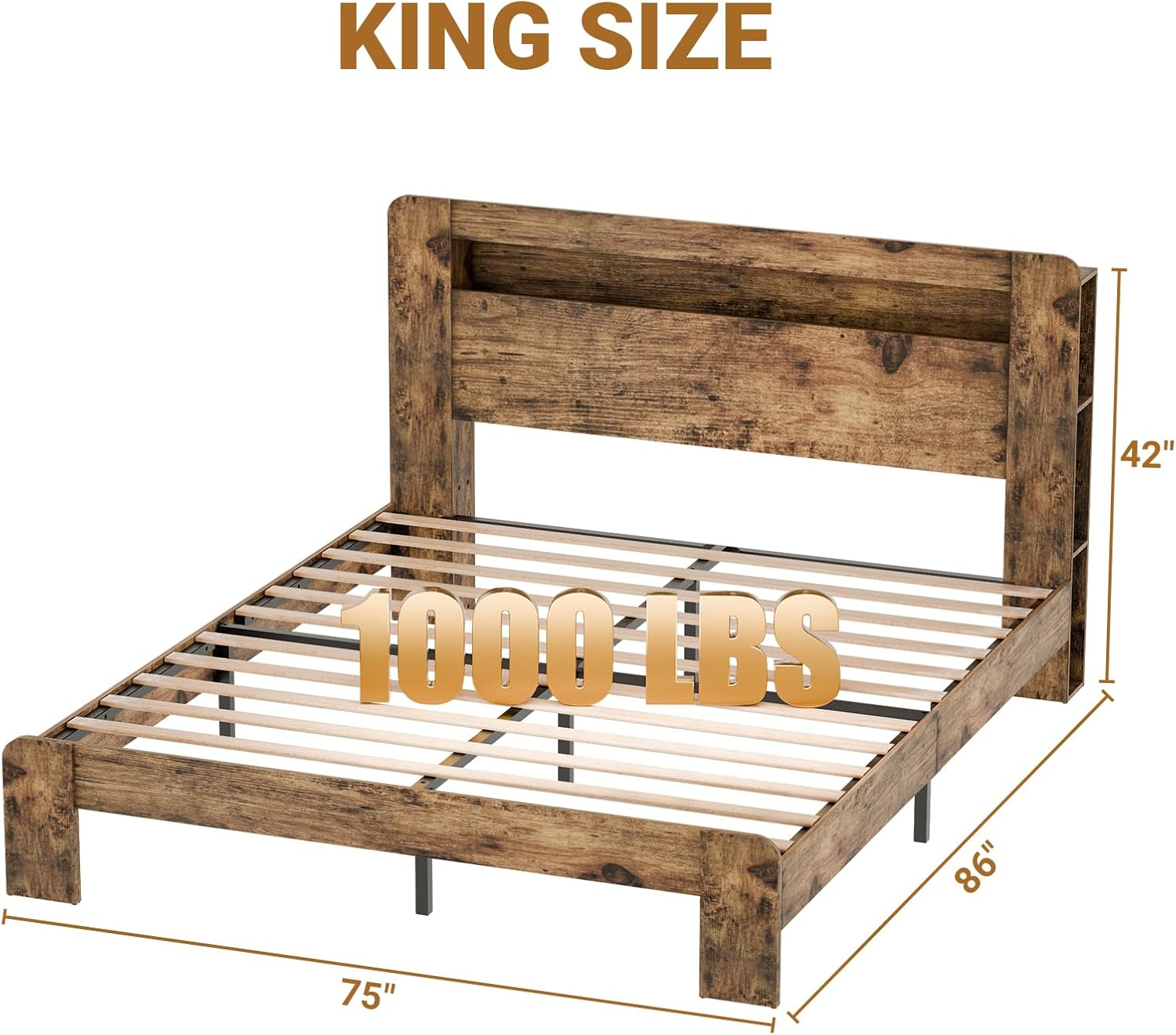 Zevemomo Wood Bed Frame King with Headboard, LED Light, Charging Station with 2 USB Ports & 2 AC Outlets, Sturdy Wood Framework, No Noise, Dark Brown (Rectangular Slot)