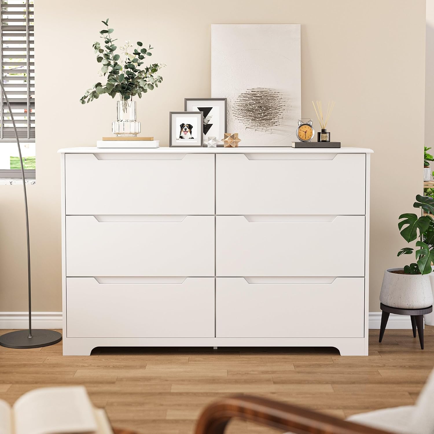 Gizoon 6 Drawer Double Dresser for Bedroom with Anti-Tip Design, Modern Wide Wooden Chest of Drawers with Cut-Out Handles, Closet Storage Organizer and TV Stand for Living Room, Hallway, Entryway
