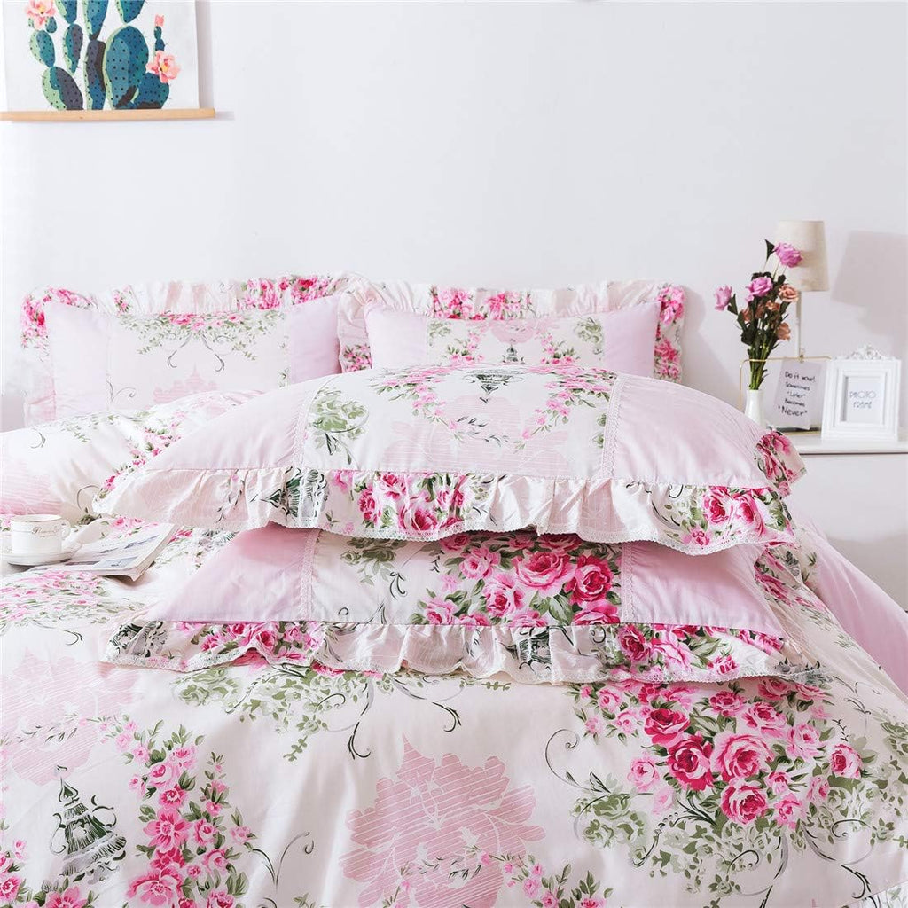 FADFAY Home Textile Pink Rose Floral Print Duvet Cover Bedding Set for Girls 4 Pieces Twin Size