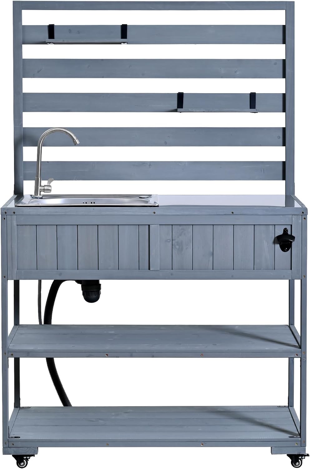 Patio Potting Bench Table with Stainless Table Top, Rolling Potting Bench on Wheels with Sink, 2 Movable Shelves and Bottle Opener for Backyard (Gray)