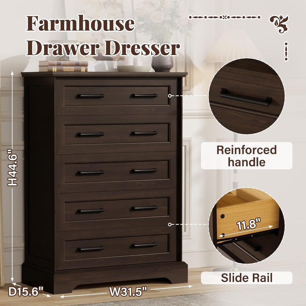 Furmax Farmhouse Dresser for Bedroom, 5 Drawers Dresser, Wood Chest of Drawers, 31.5' Wide Storage Dressers Organizer for Bedroom, Living Room (Brown)