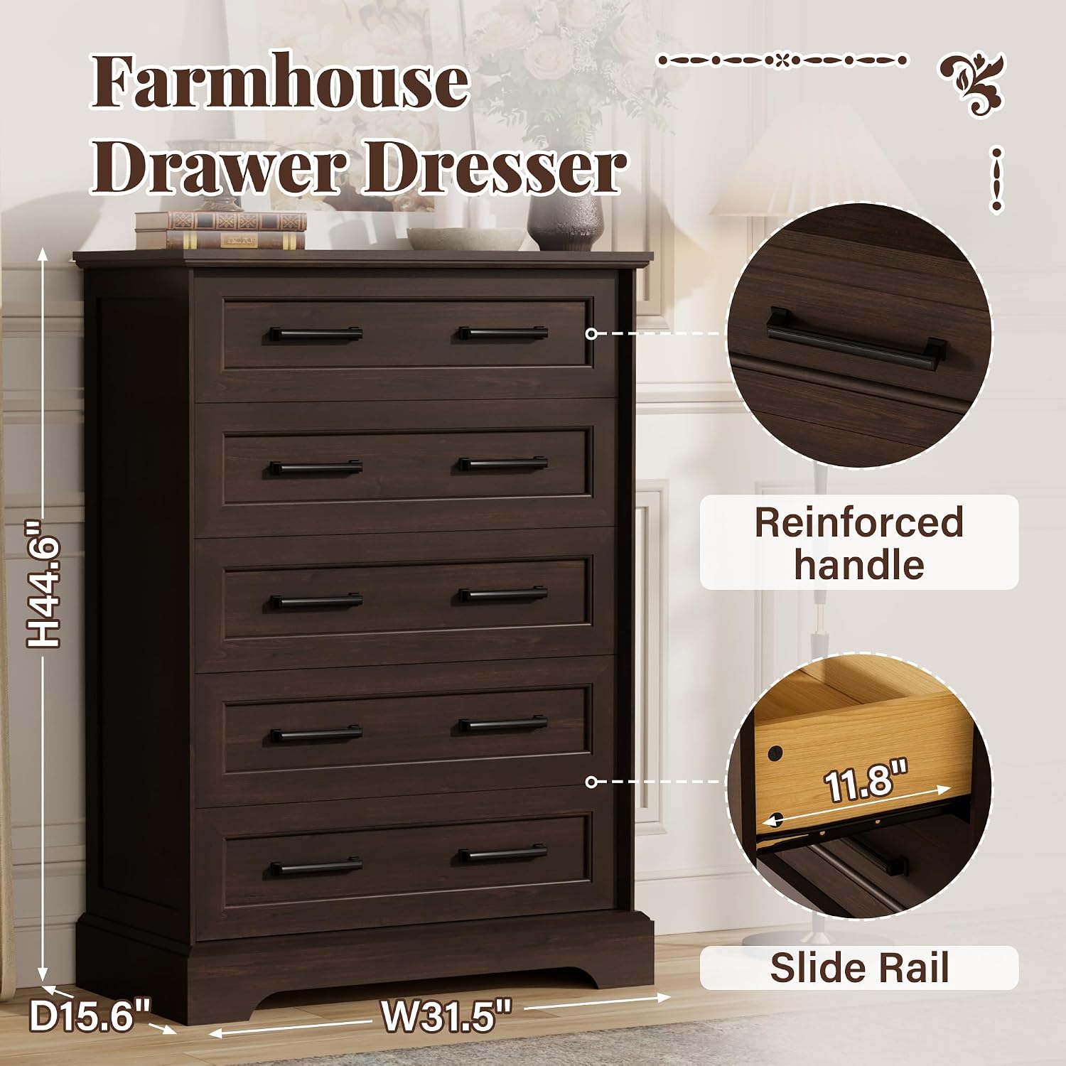 Furmax Farmhouse Dresser for Bedroom, 5 Drawers Dresser, Wood Chest of Drawers, 31.5' Wide Storage Dressers Organizer for Bedroom, Living Room (Brown)