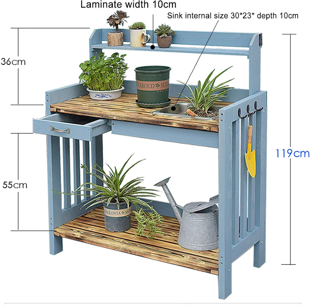 Wood Outdoor Potting Bench with Storage Shelf - Patio Garden Work Station Table - Gardening Workbench for Porch, Greenhouse, Backyard, Patio and Balcony - with Storage, Drawer, Hook (Blue D