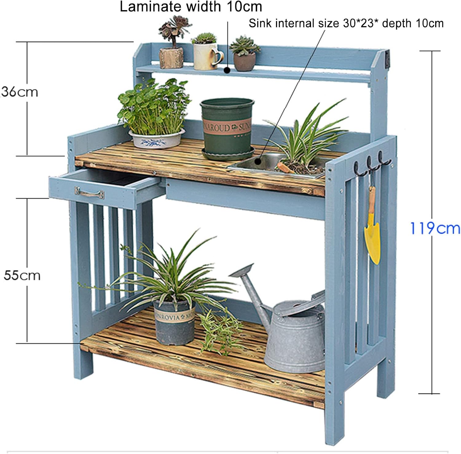 Wood Outdoor Potting Bench with Storage Shelf - Patio Garden Work Station Table - Gardening Workbench for Porch, Greenhouse, Backyard, Patio and Balcony - with Storage, Drawer, Hook (Blue D