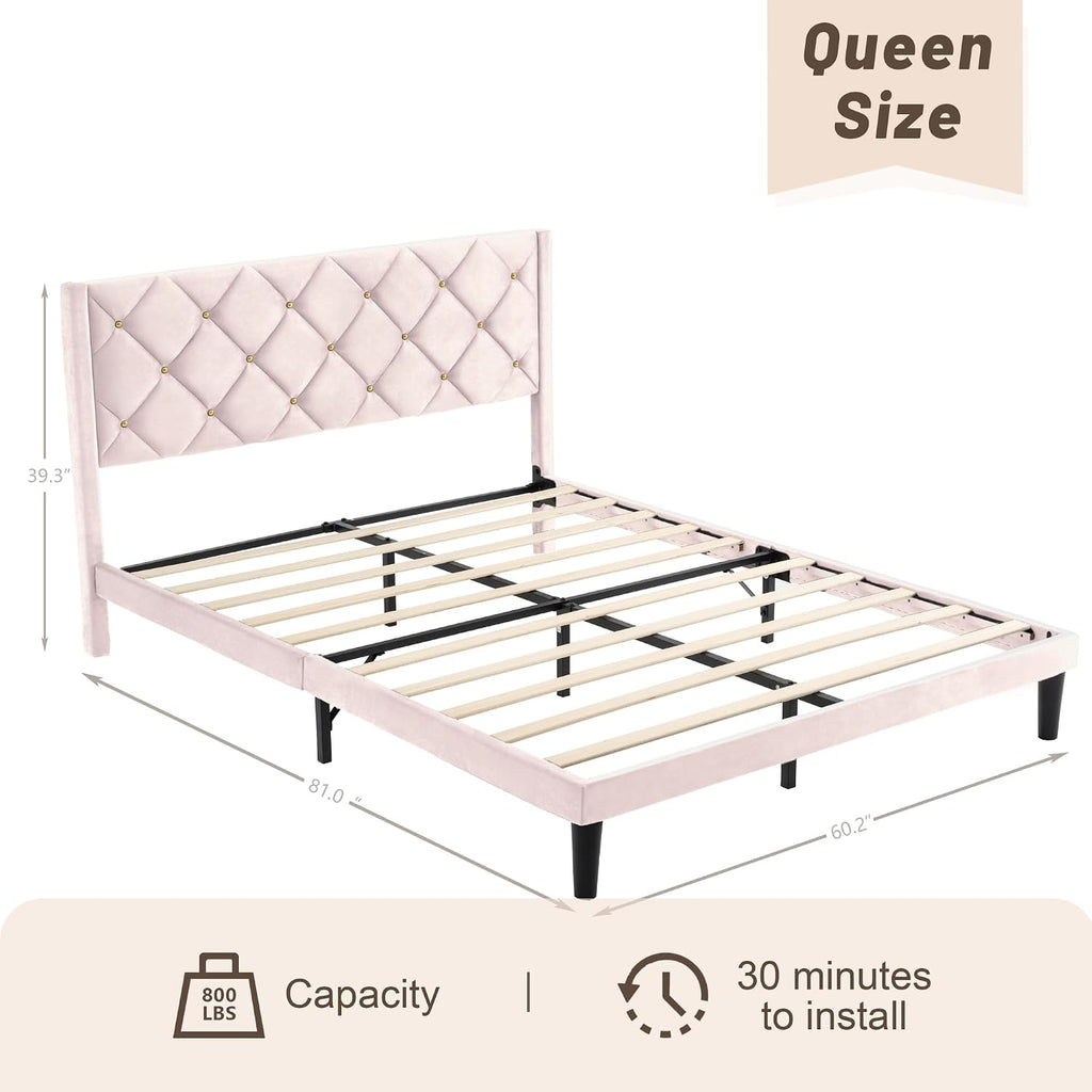Queen Size Platform Bed Frame with Velvet Headboard, Sturdy Wooden Slats Support, Mattress Foundation, No Box Spring Required, Non-Slip and Noise-Free, Easy Assembly, Pink