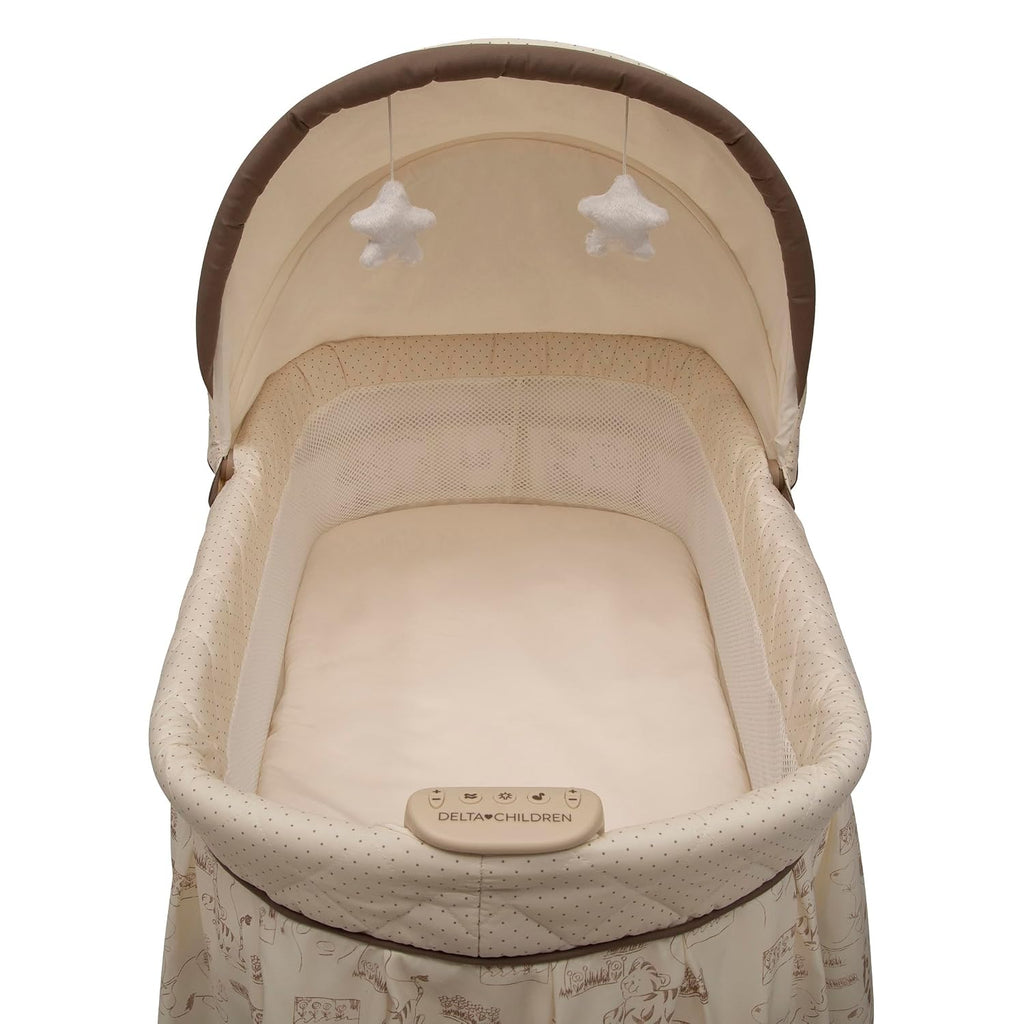 Delta Children Portable Rocking Bassinet for Newborns Bedside Sleeper Crib with Gentle Vibrations, Nightlight, Soothing Music, Adjustable Canopy, Plush Toys, Storage Basket, Baby Essentials
