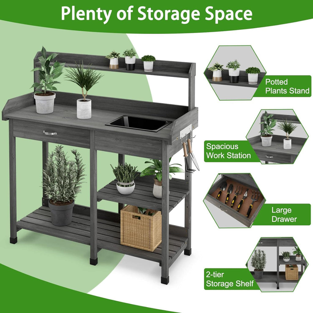Potting Bench Table Patio Outdoor Garden Work Station Planting Shelf Sink Drawer Solid Wood Construction, Deck, Balcony