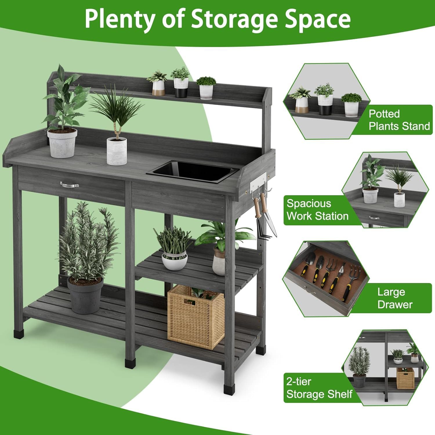 Potting Bench Table Patio Outdoor Garden Work Station Planting Shelf Sink Drawer Solid Wood Construction, Deck, Balcony