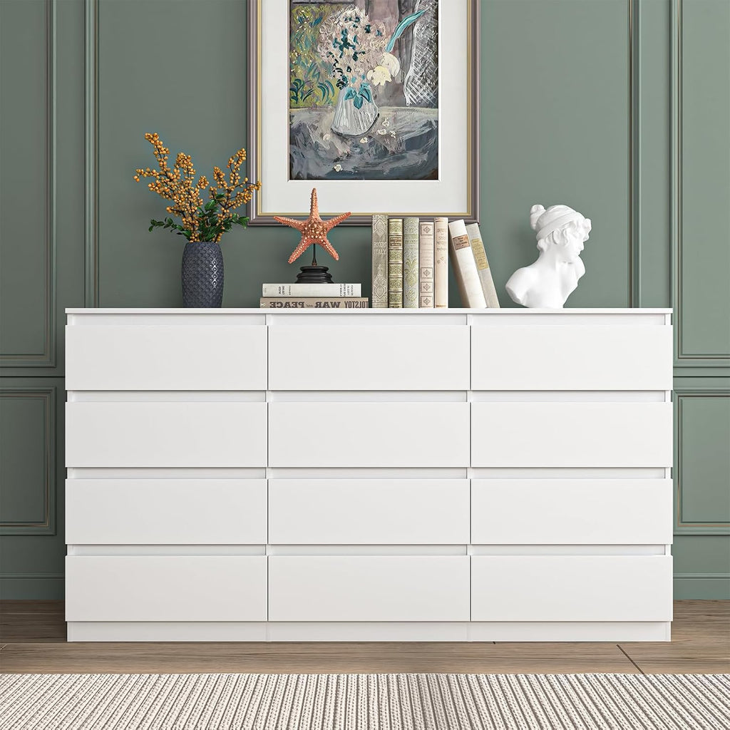 Vibe & Dine White Dresser 12 Drawer, Modern Long Dresser for Bedroom, Wood Chest of Drawers with Wide Storage for Living Room