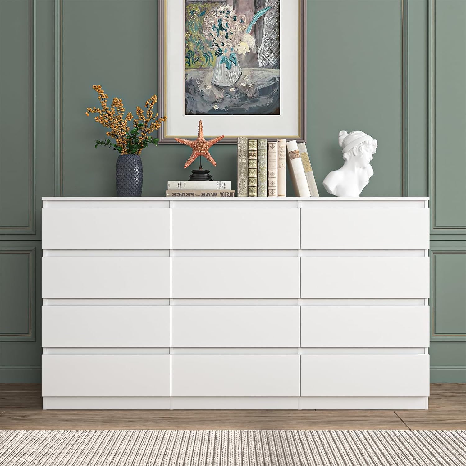 Vibe & Dine White Dresser 12 Drawer, Modern Long Dresser for Bedroom, Wood Chest of Drawers with Wide Storage for Living Room