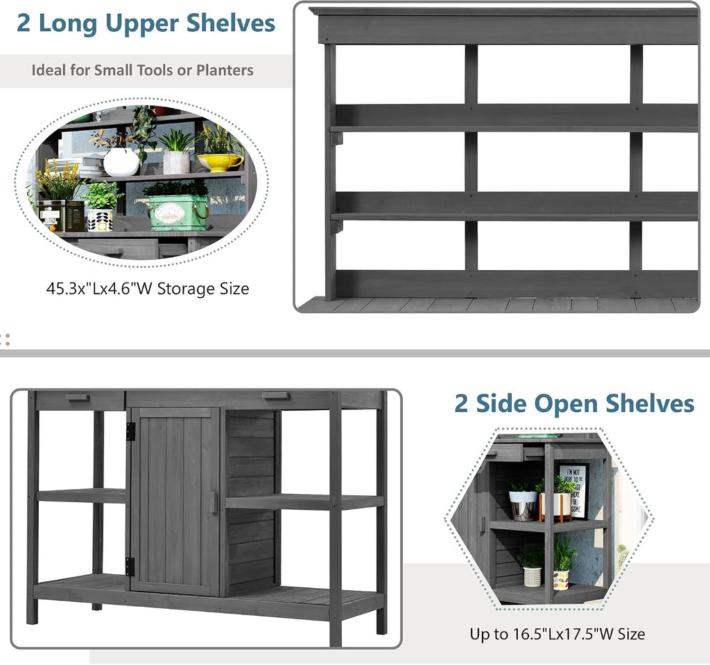Roomfitters 66' Large Farmhouse Outdoor Potting Bench Table with 2 Drawers, Cabinet and Open Shelves, Gray