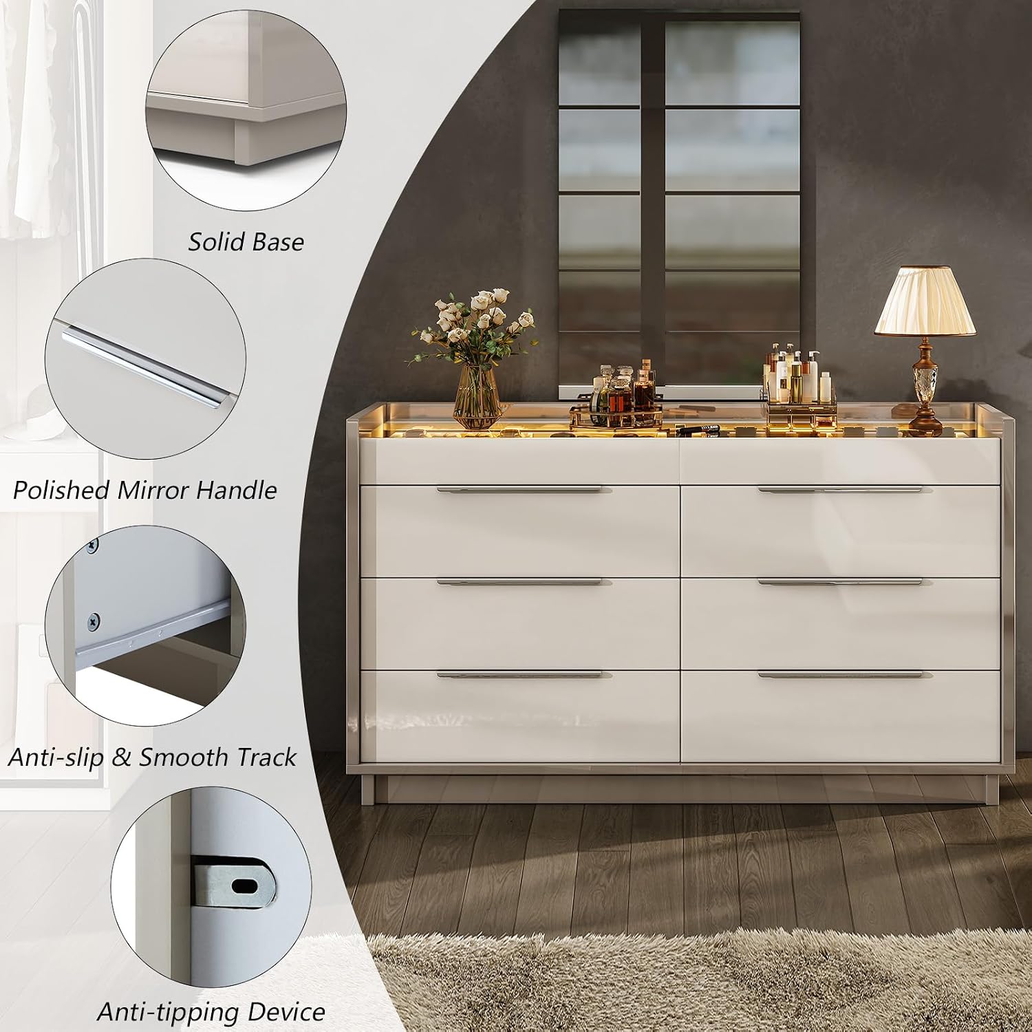 AMERLIFE 47.2' 8 Drawer Dresser with LED Light, Modern High Gloss Chest of Drawers with Glass Tabletop & 2 Six-Grid Jewelry Drawers, for Bedroom, Living Room, Dressing Room, Cream & Grey