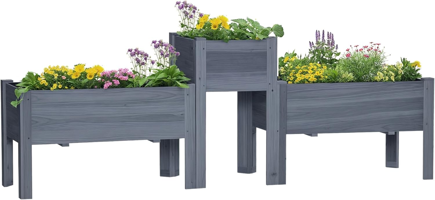 Outsunny Raised Garden Bed Set of 3, Wooden Elevated Planter Box with Legs and Bed Liner, for Backyard and Patio to Grow Vegetables, Herbs, and Flowers, Gray