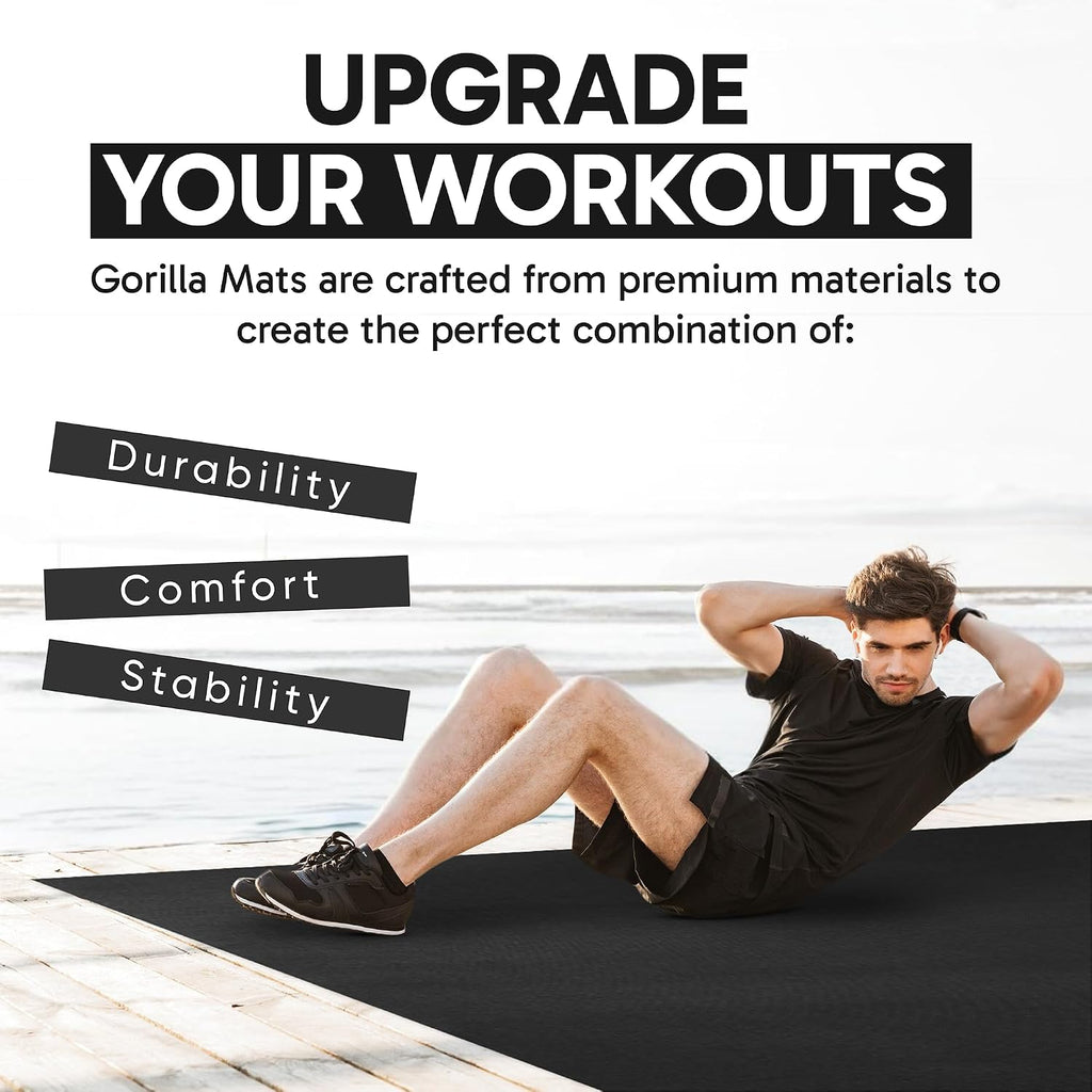 Gorilla Mats Large Exercise Mat – 6'x4', 7'x4', 7'x5', 8'x4', 10'x4' (1/4' Thick) – Ultra Durable Workout Mat for Home Gym Flooring – Non-Slip, Flat Fitness, Yoga & Weight Lifting Floor Mat